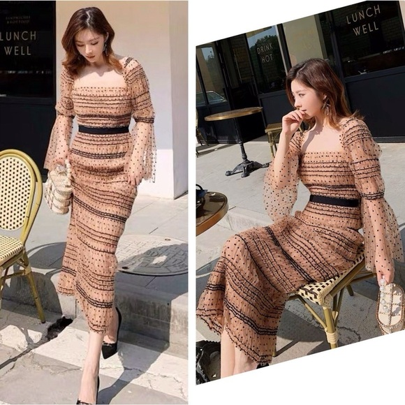 Self-Portrait Shirred Polka Dot Mesh Tulle Cocktail Bodycon Midi Dress size 2 - Picture 2 of 16